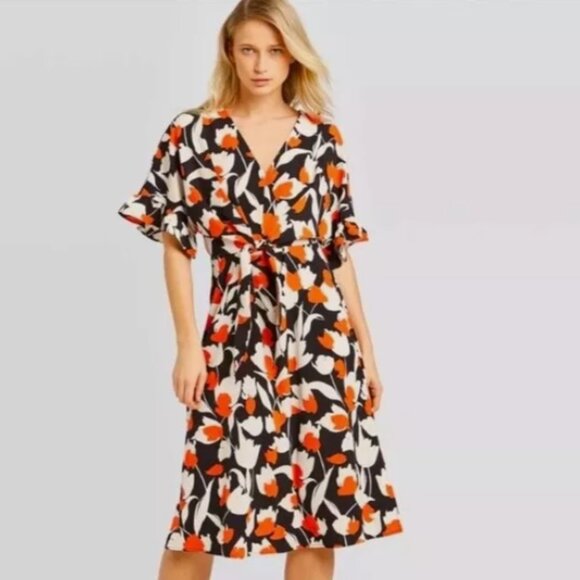 Who What Wear Dresses & Skirts - Who What Wear Midi Orange Black Cream Floral Front Tie Dress‎ Size 1X NWOT